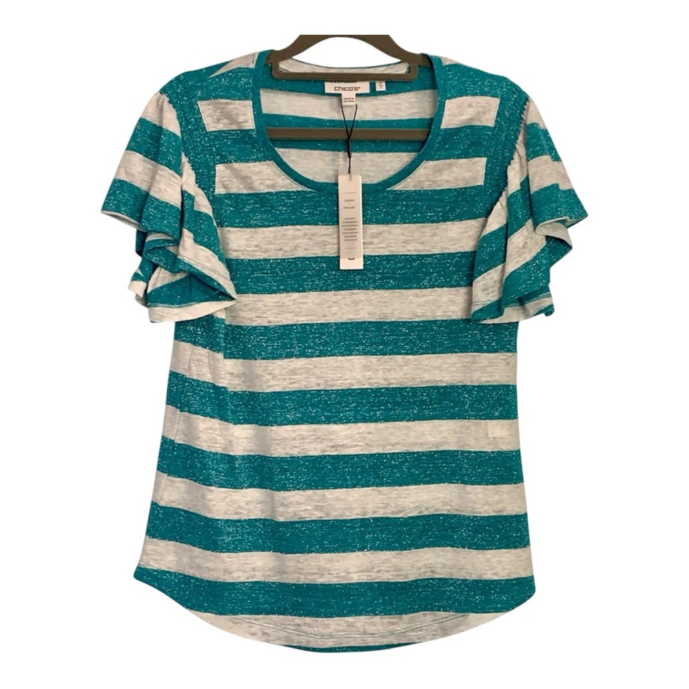 Chicos Linen striped Top ruffle metallic